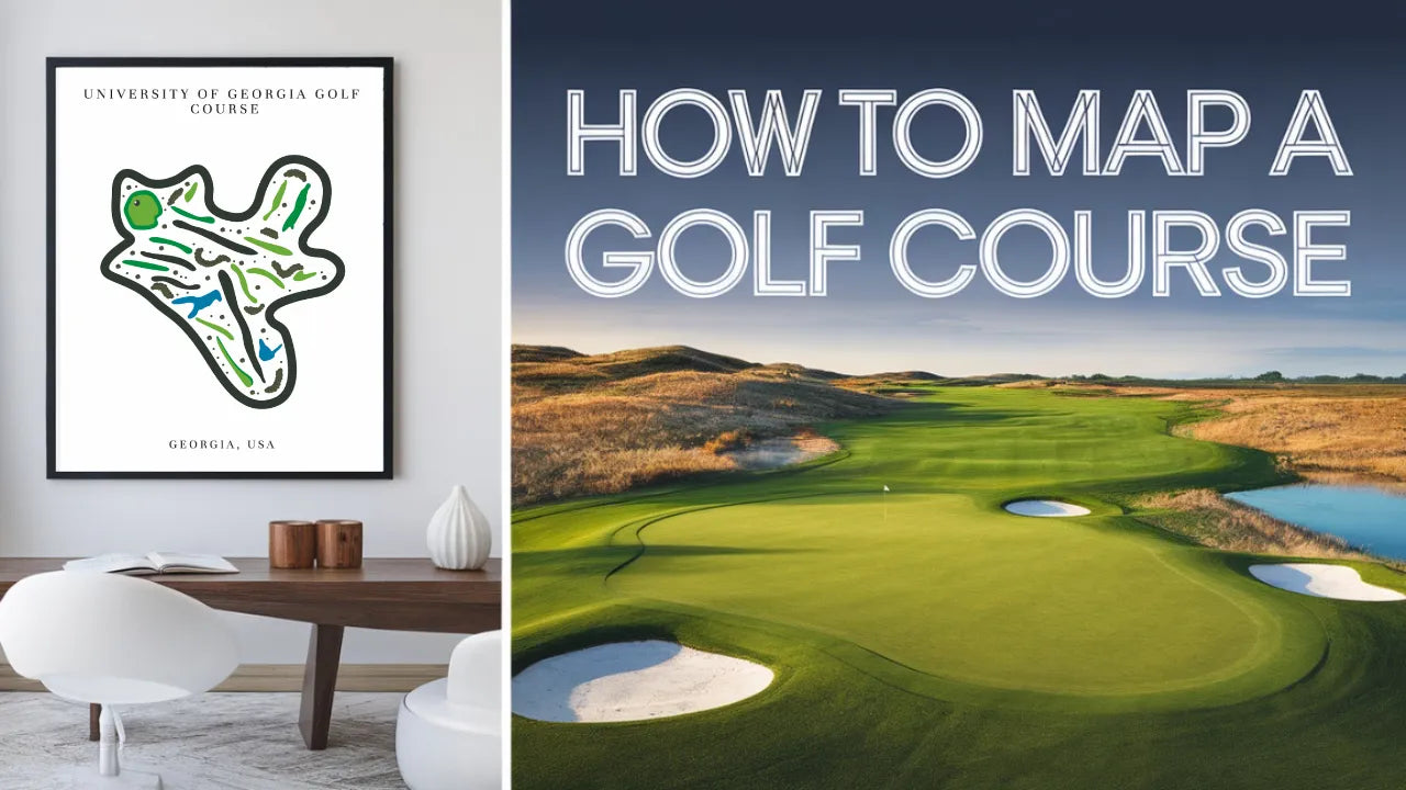 Golf course map artwork showing routing, fairways, and greens