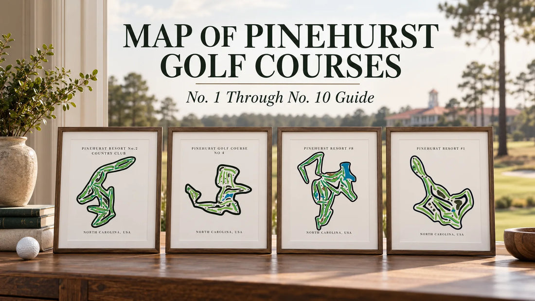Map of Pinehurst golf courses with framed prints for Pinehurst No. 1, No. 2, No. 4 and No. 8