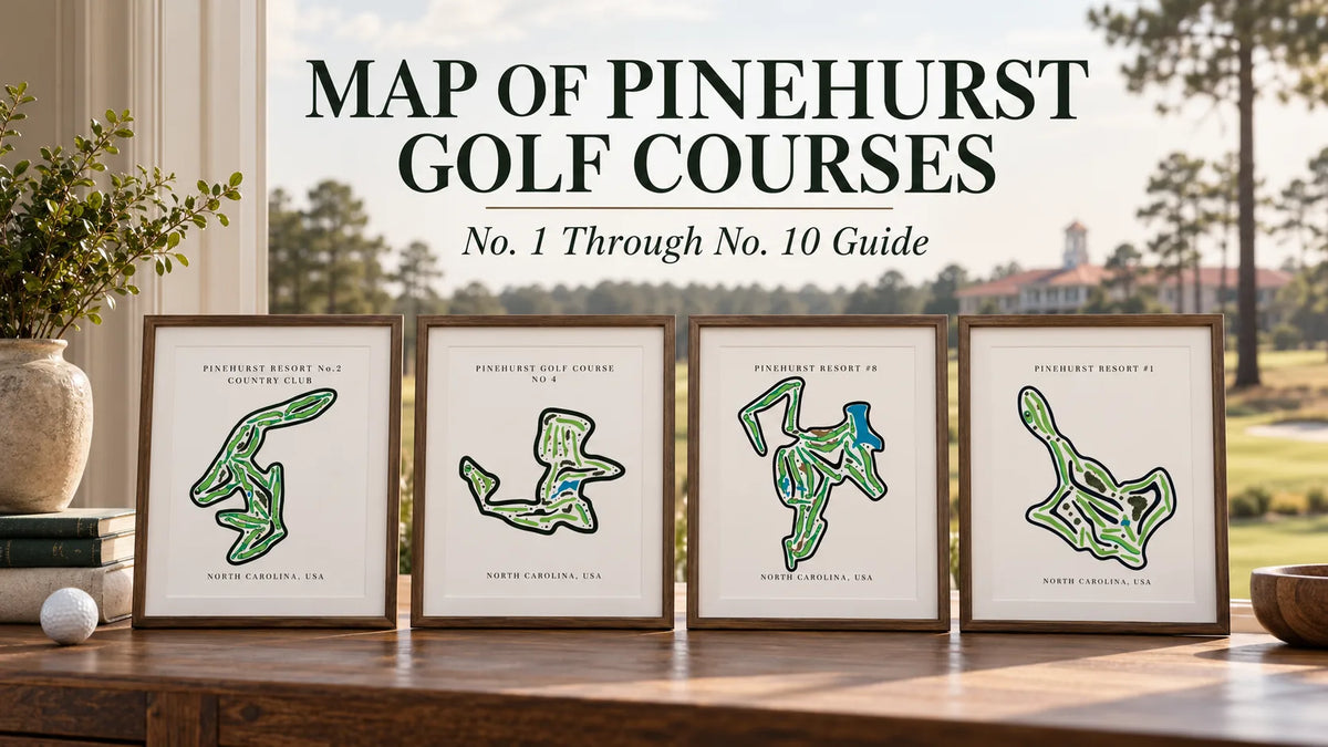 Map of Pinehurst golf courses with framed prints for Pinehurst No. 1, No. 2, No. 4 and No. 8