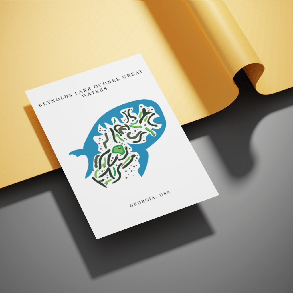 Card with a stylized map of Reynolds Lake Oconee Great Waters on a yellow and gray background