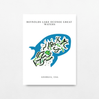 Poster with a stylized golf course map design for Reynolds Lake Oconee Great Waters, Georgia, USA.