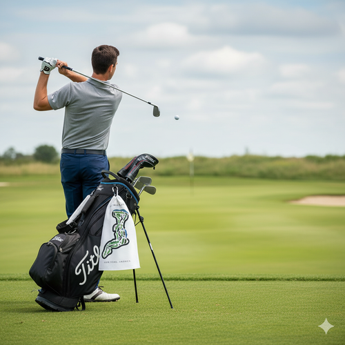 Personalized microfiber golf towel attached to a golf bag