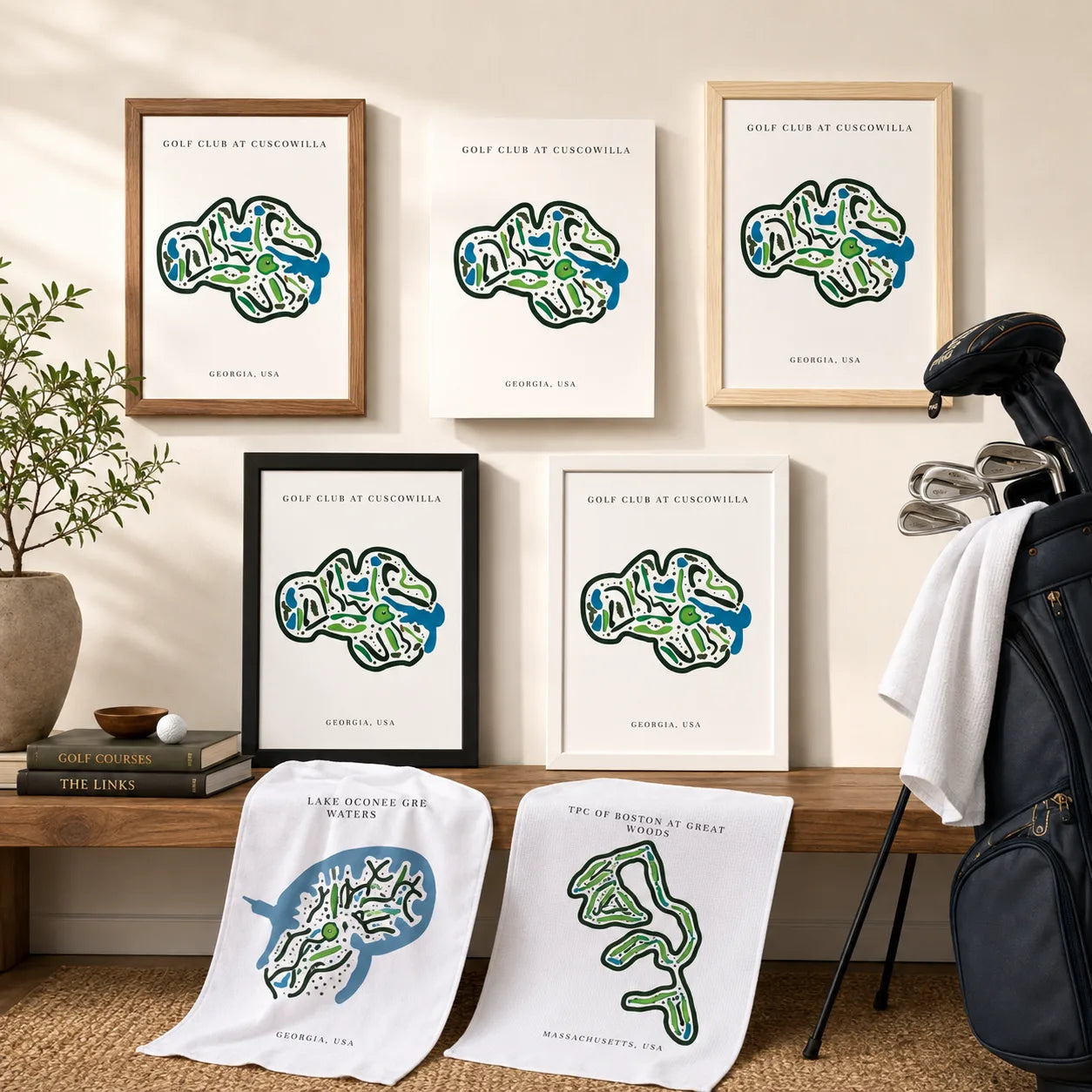 Framed golf course prints and personalized golf course towels displayed beside a golf bag