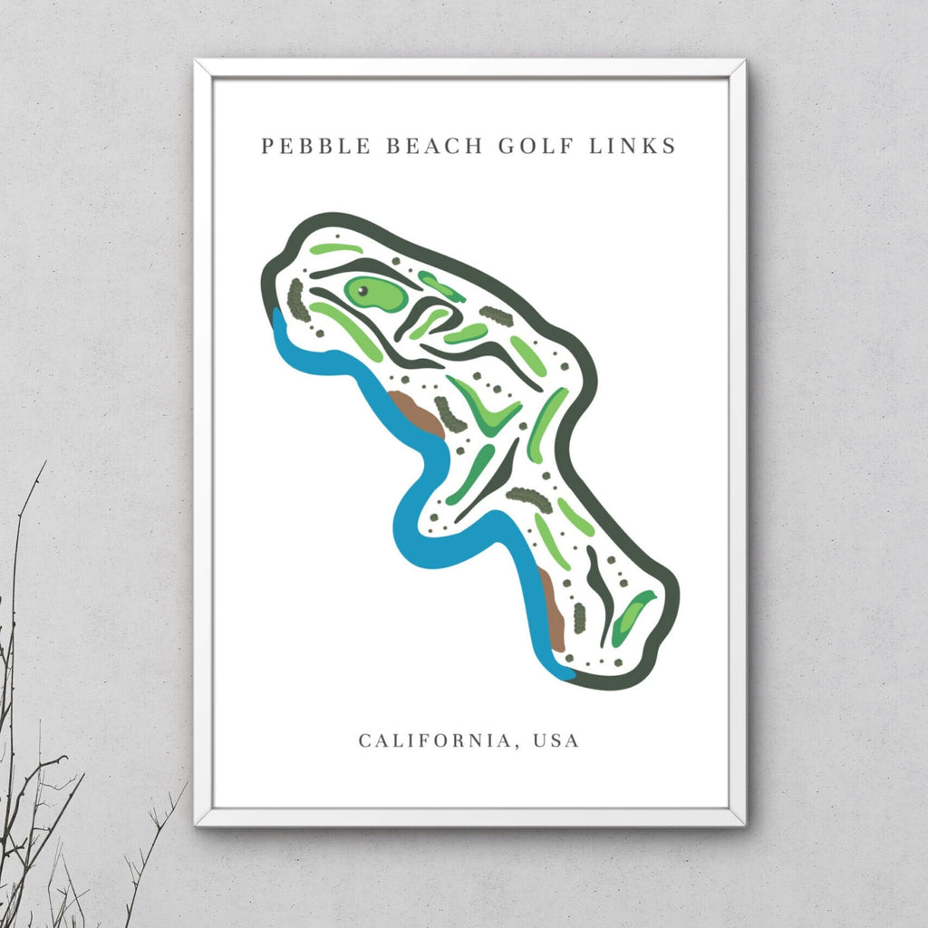 Framed map of Pebble Beach Golf Links on a gray wall