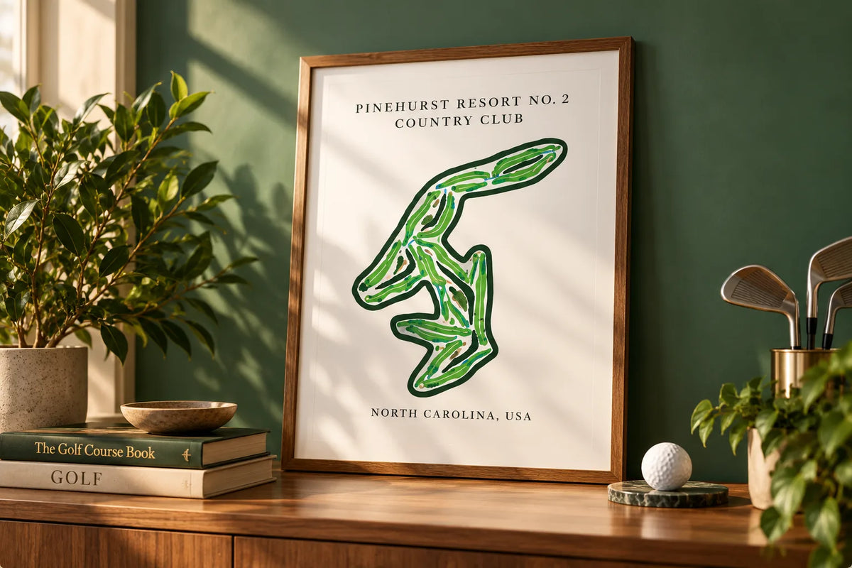Custom golf course map print displayed as golf wall art