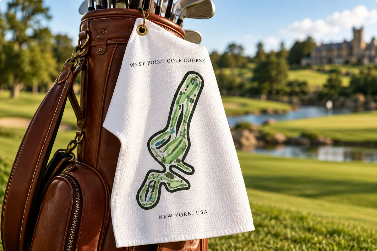 Custom golf course towel featuring personalized course map artwork