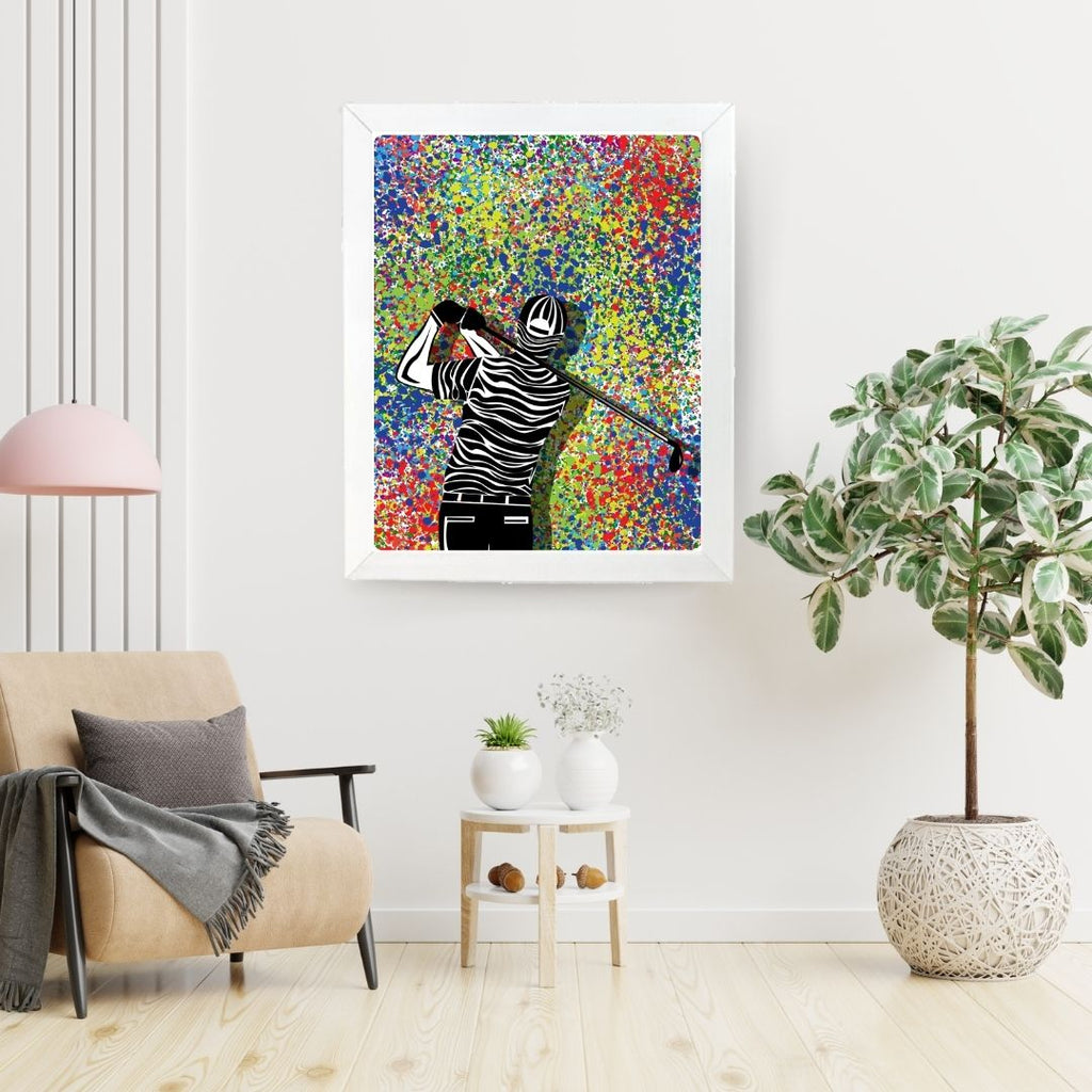 Modern Golf Swing Art Print – Abstract Color Splash Wall Frame for Golf Lovers