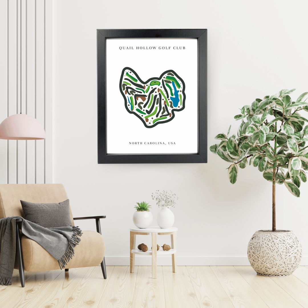 Framed map of Quail Hollow Golf Club in a modern living room.