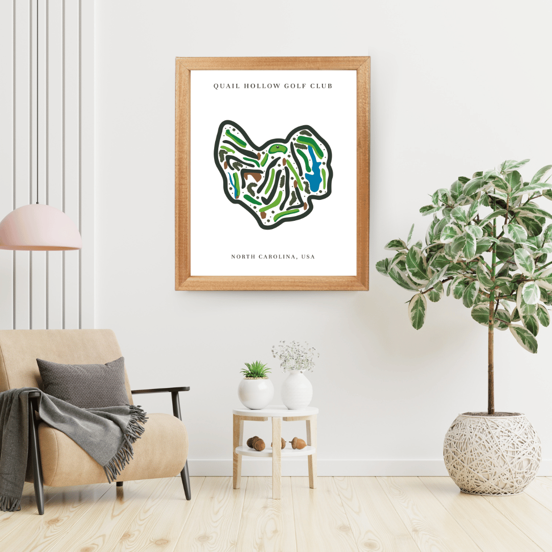 Framed map of Quail Hollow Golf Club in a living room setting with decor elements.