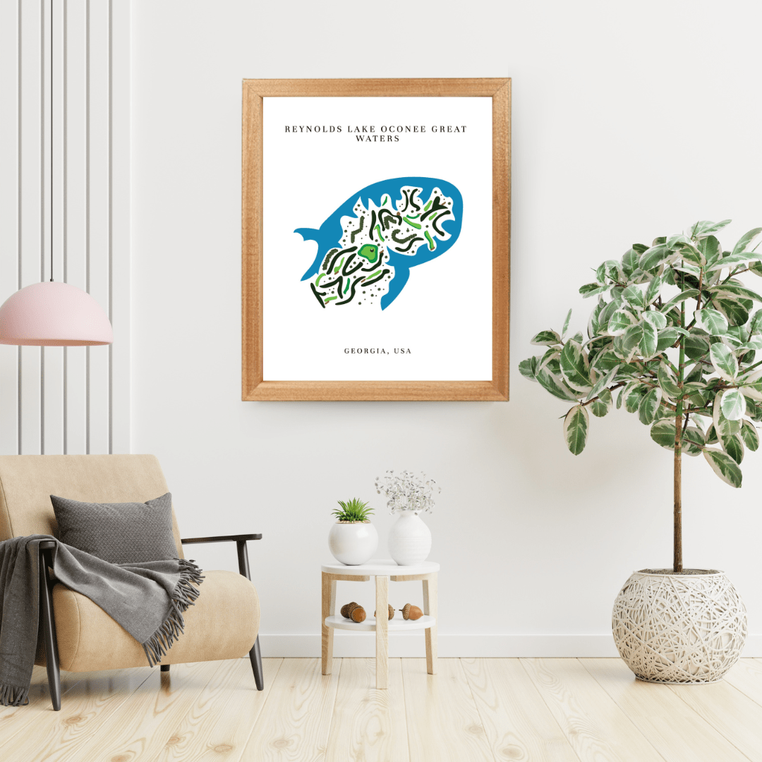 Framed artwork of a golf course map print with text in a living room setting