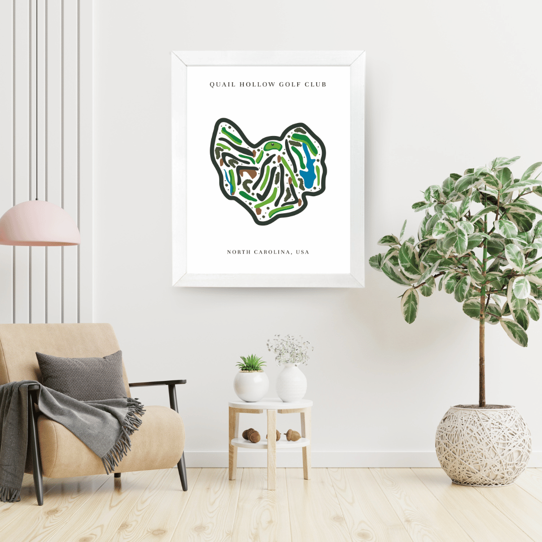 Framed map of Quail Hollow Golf Club in a modern living room.