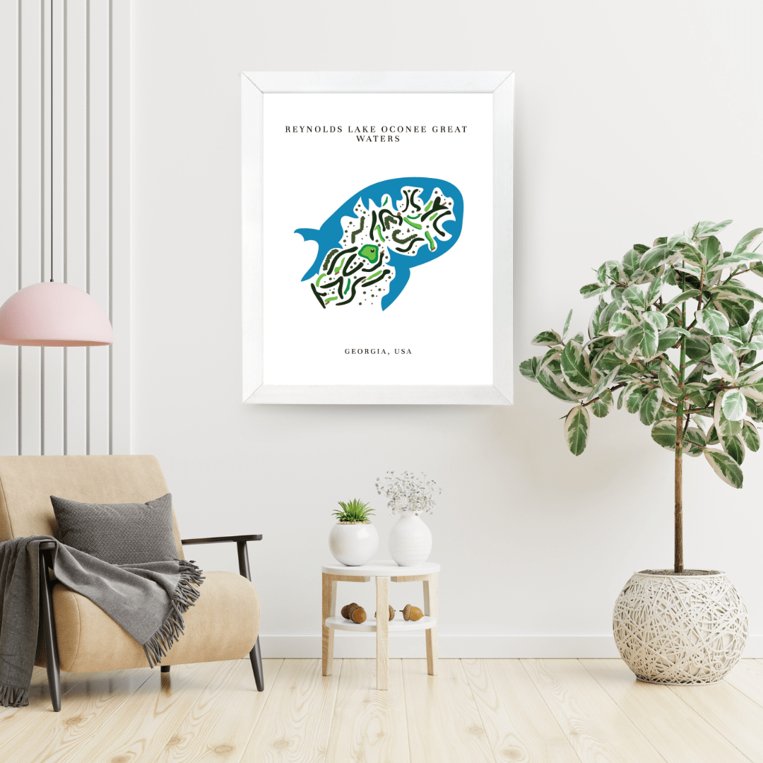 Framed artwork of a blue fish with green accents on a white wall in a living room.