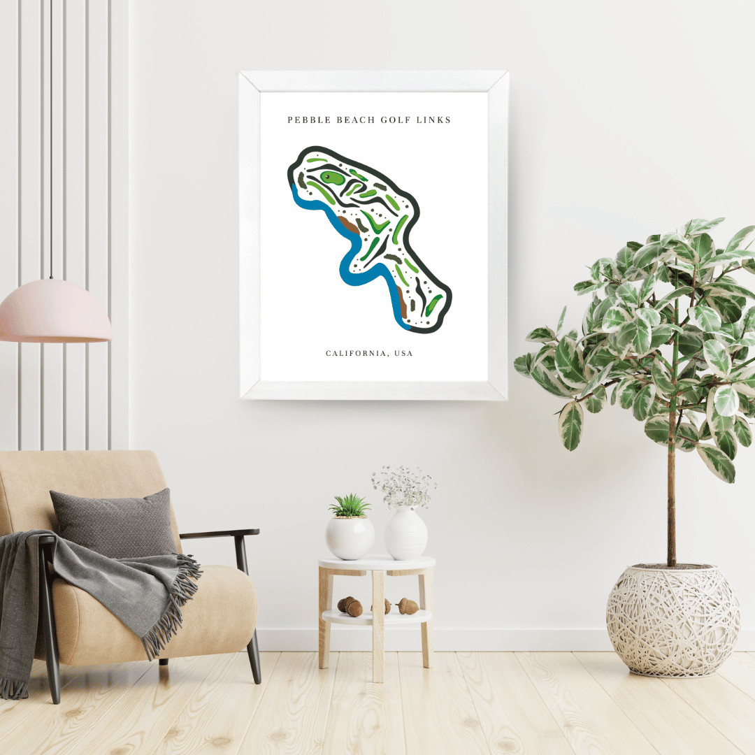Framed map of Pebble Beach Golf Links in a modern living room.