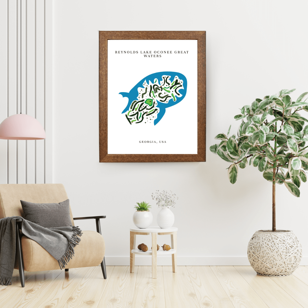 Framed artwork of a golf course map reynolds lake with text in a living room setting