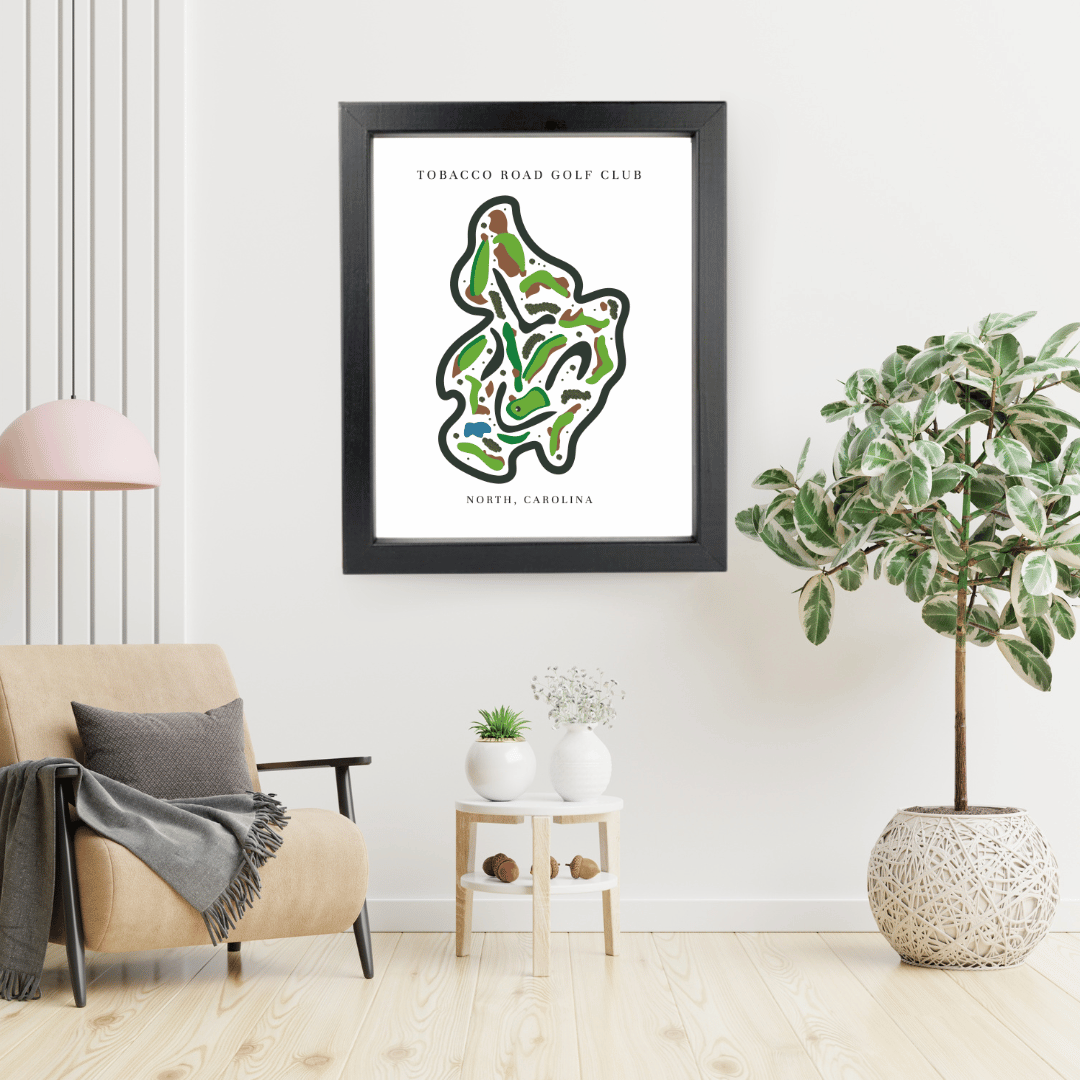 Framed map of Tobacco Road Golf Club in North Carolina on a wall in a modern living room.