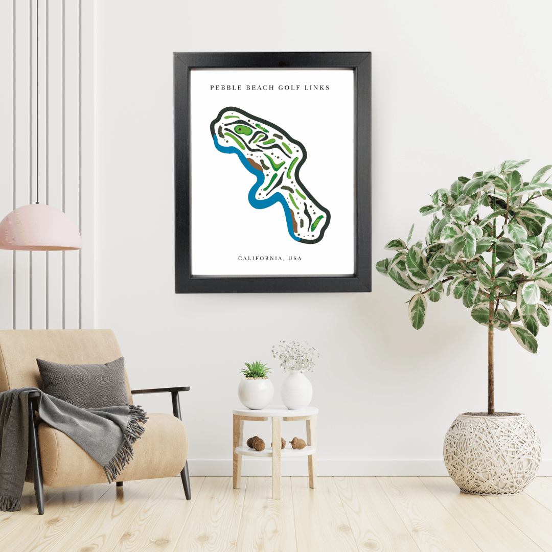 Framed map of Pebble Beach Golf Links in a modern living room setting.