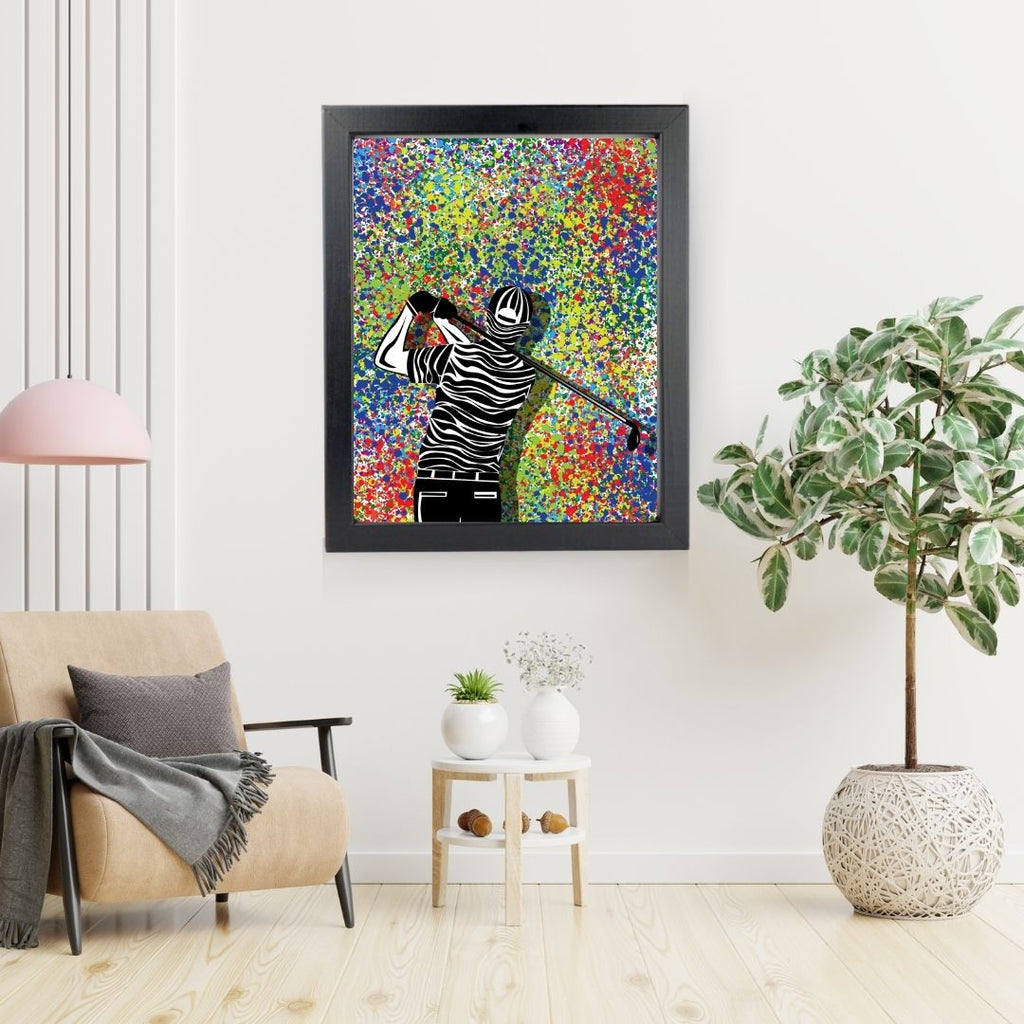 Modern Golf Swing Art Print – Abstract Color Splash Wall Frame for Golf Lovers