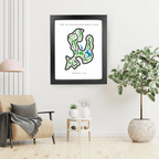 Framed golf course map on a wall in a modern living room.