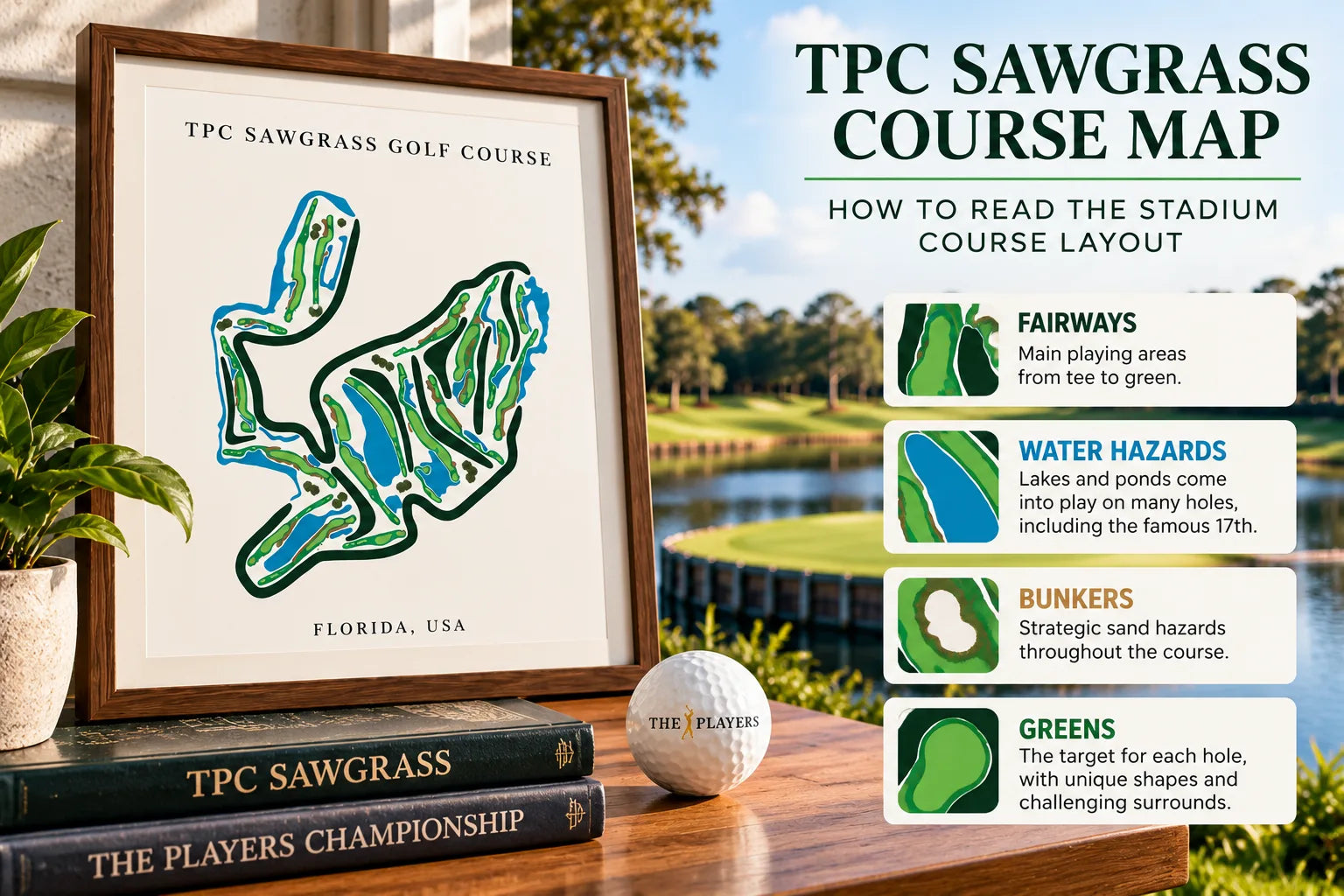 How to read a TPC Sawgrass course map showing fairways, water hazards, bunkers and greens