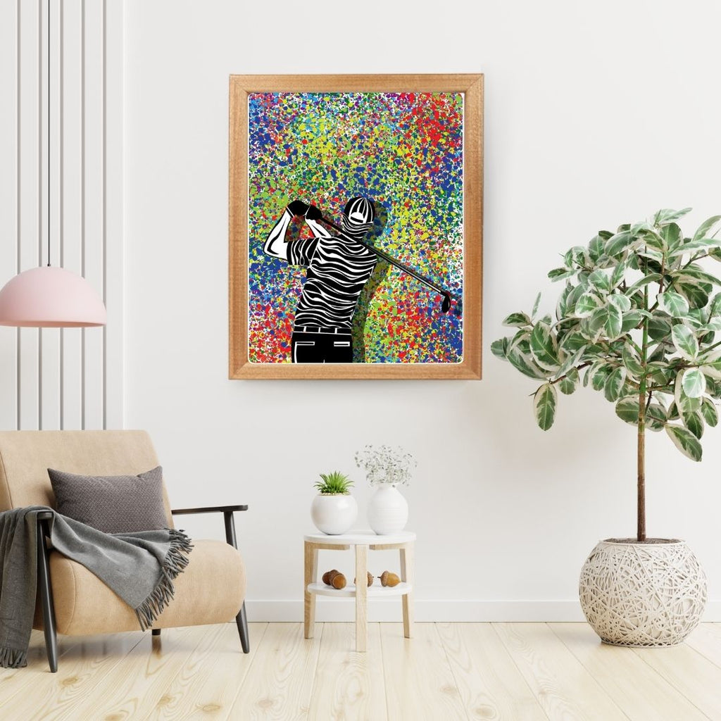 Modern Golf Swing Art Print – Abstract Color Splash Wall Frame for Golf Lovers